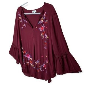Grand&Greene With Love flower stitch boho bell sleeve blouse/ plum size Large